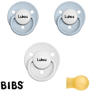 Bibs de Lux sutter med navn (2 Babyblue+ 1 White -HK) Runde Latex str.1, 3 pack
